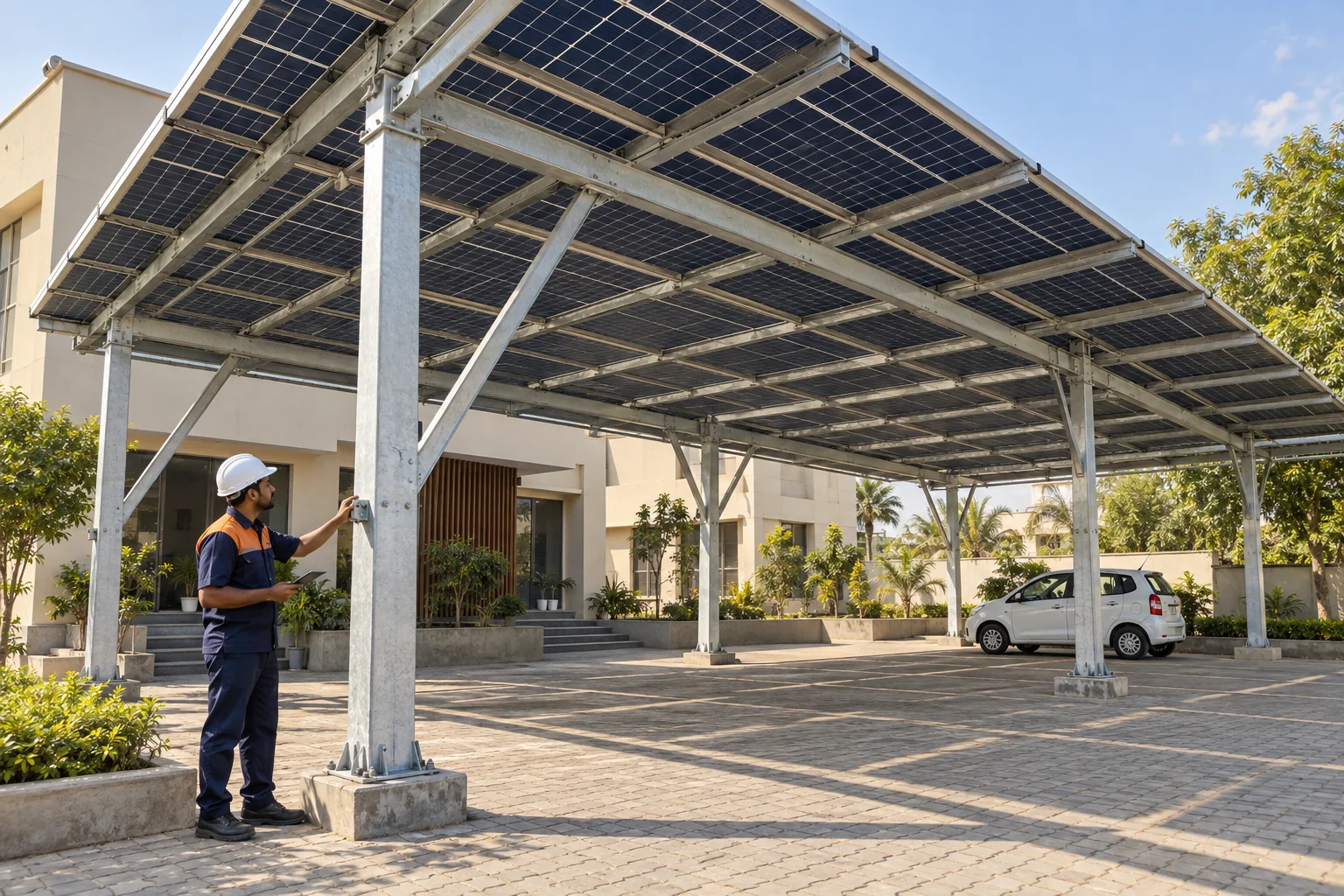 Indian engineer inspecting the steel support of an elevated solar carport
