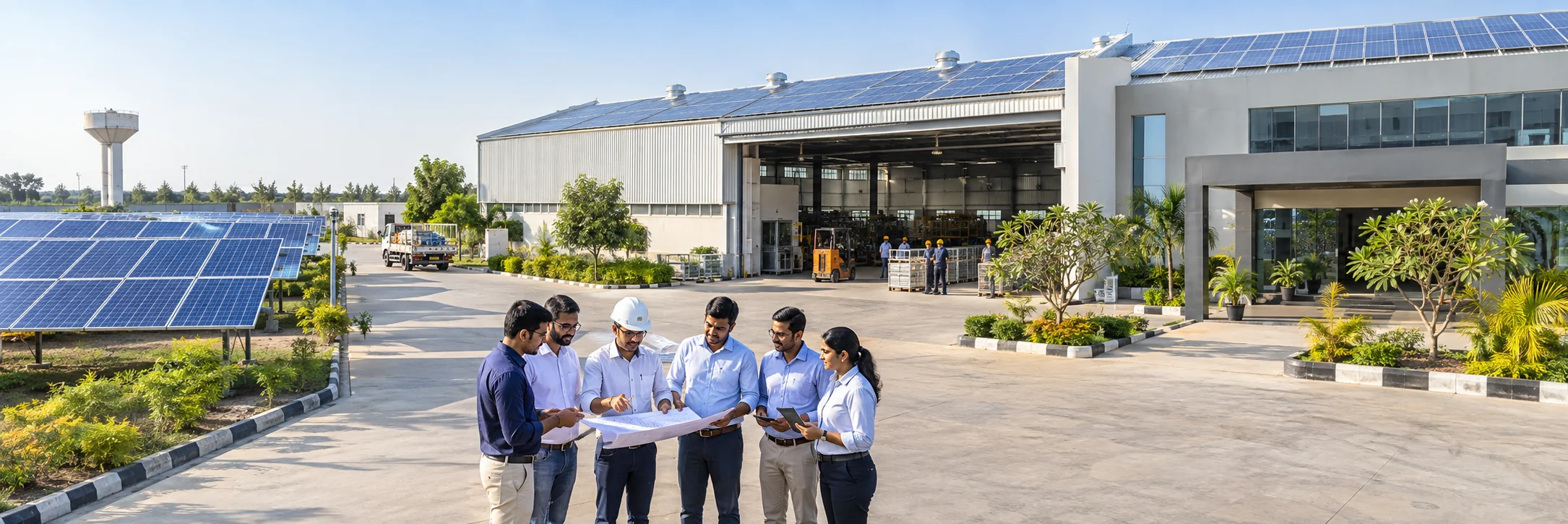Solar engineering team outside a solar-powered operations campus in Gujarat