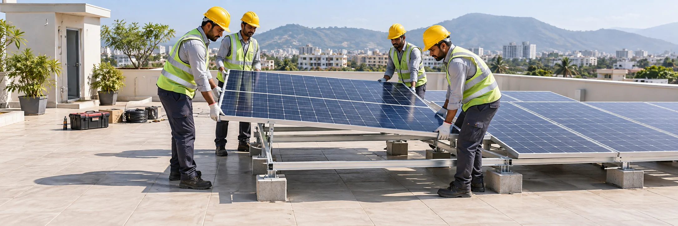Solar installation crew positioning a panel on a terrace mounting frame