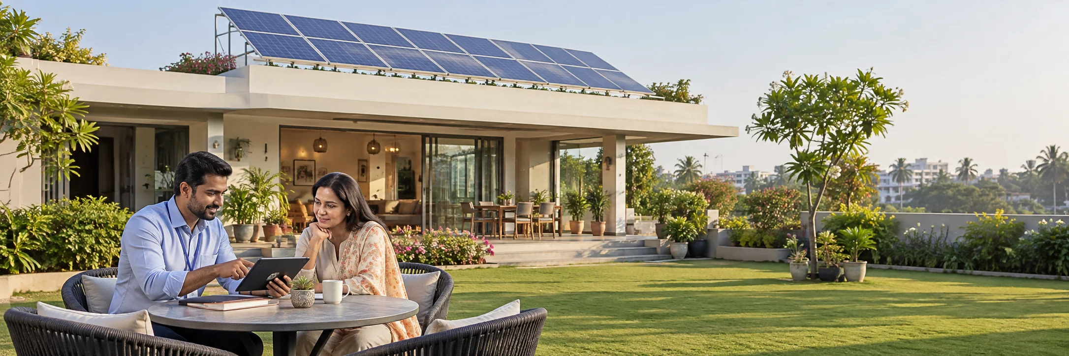 Homeowner and solar advisor reviewing a tablet beside a solar-equipped home