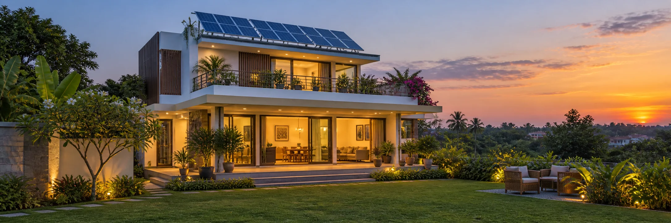 Solar-powered Indian home with warm windows at dusk