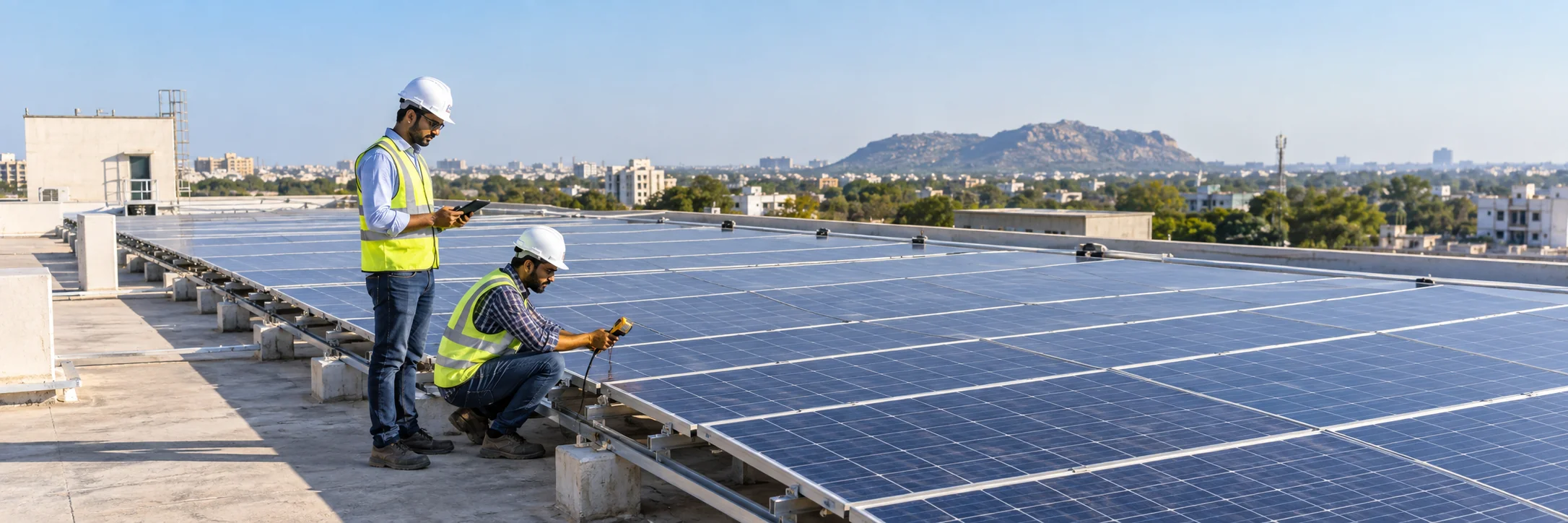Engineers inspecting the quality of a commercial rooftop solar installation